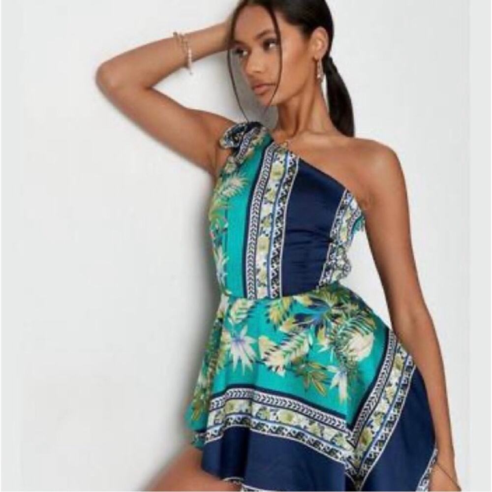 Missguided Mix Print Satin One Shoulder Playsuit Romper Bandana Mini Dress 14